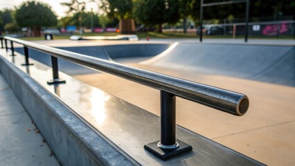 Closeup of a skatepark element such as a grind rail featuring a sleek polished surface inviting skaters to perform tricks with confidence.