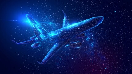 Airplane flying around the futuristic Earth globe. Sci-fi map of glowing dots. Hi-tech travel background for your design. Vector illustration. EPS 10