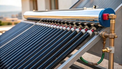 Closeup of a solar water heater unit with pipes and valves prominently displayed illustrating the intricate plumbing connections needed for efficient operation.