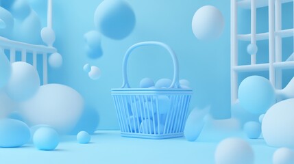 3d minimal cartoon blue coupon voucher with a basket cart for online 3D render