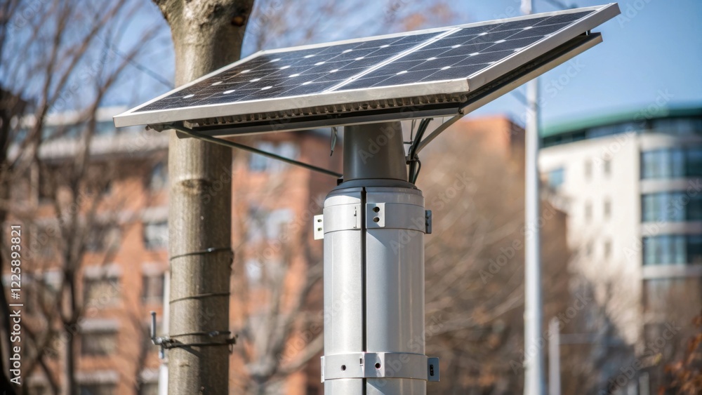 Poster closeup of a sy pole rising from the ground with a solar panel affixed demonstrating the engineering
