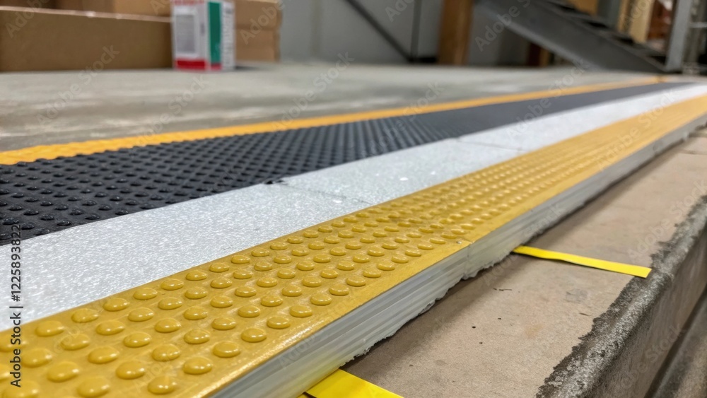 Aufkleber closeup of a tactile safety strip partially installed revealing the preparation of the platform surf