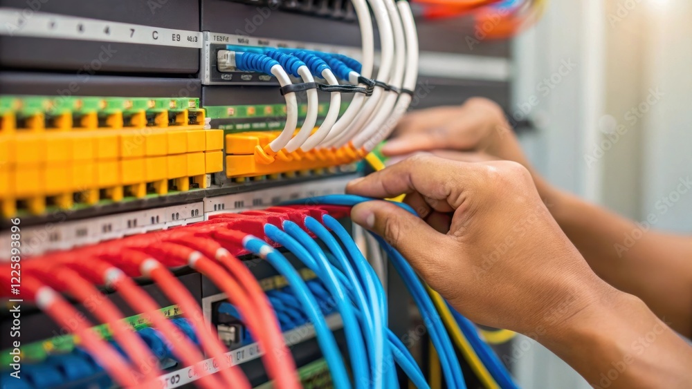Poster closeup of a technicians hands connecting wires behind a vibrant digital information panel showcasin