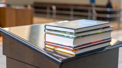 Closeup of a stack of modern textbooks and educational materials p on a newly constructed podium with a polished surface.