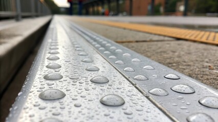 Closeup of a tactile safety strip with water droplets on its surface showcasing its durability and resistance to environmental conditions.