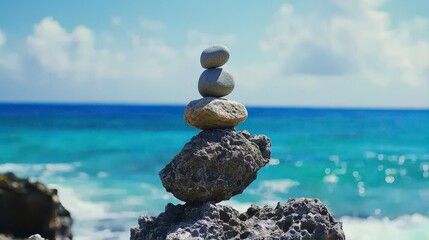 Serene Zen Rock Balancing by Ocean