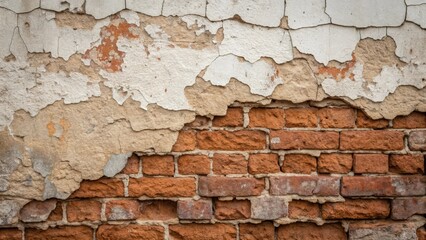 Closeup of a textured wall half painted revealing original brickwork under the peeling paint hinting at the buildings history.