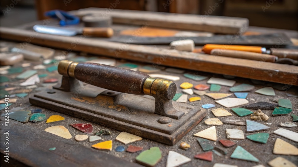 Poster closeup of a vintagestyle stone masonry tool partially embedded in a worktable surrounded by fragmen