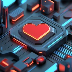 Futuristic circuit design featuring illuminated heart symbol, merging technology and emotion, ideal for themes of love, connectivity, and digital innovation