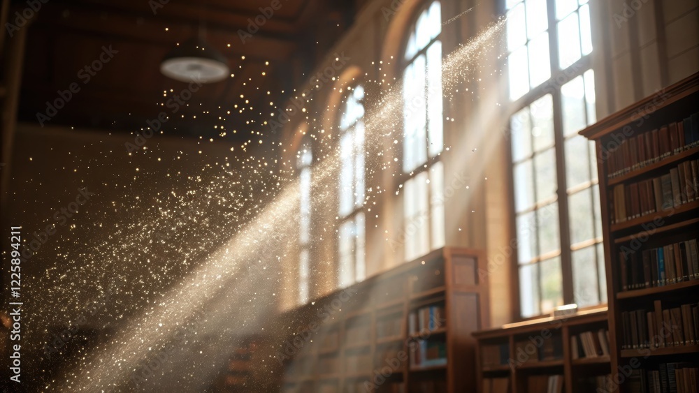 Poster closeup of fine dust particles illuminated by sunlight streaming through library windows highlightin