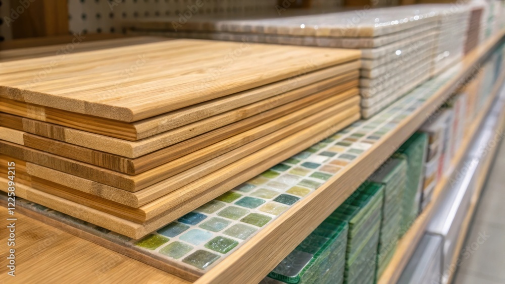 Poster closeup of ecofriendly materials stacked on a shelf displaying bamboo flooring and recycled glass ti