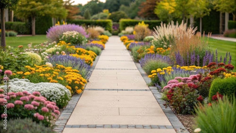 Poster Closeup of diverse flowering plants spilling over the edges of the pathway creating a harmonious blend of nature and accessibility in the renovated garden area.