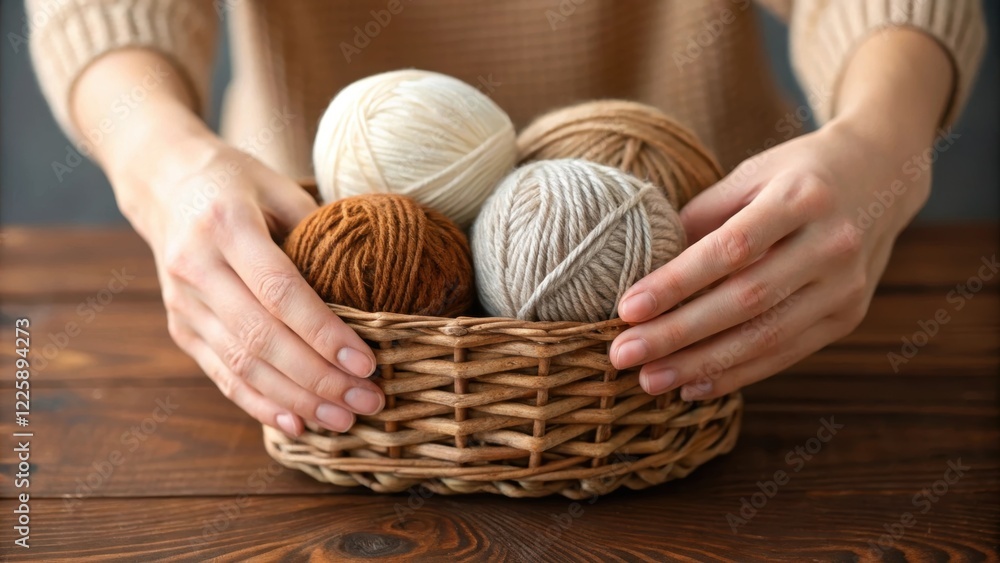Aufkleber Closeup of hands carefully arranging a collection of assorted yarns in a wicker basket with textures and colors contrasting against a wooden table surface.