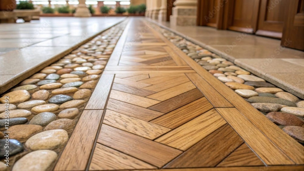 Poster closeup of flooring materials combining sustainable wood and polished stone intricately laid out to 