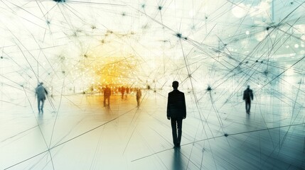 Silhouettes of people walk amid network of lines.