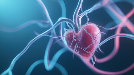 Abstract representation of a heart with pulsating vascular filaments, symbolizing love, emotion, and connection against a gradient blue background