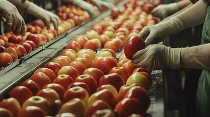 A close-up image of an assembly line in a food factory showcasing apples being processed. Workers wearing protective gear sort and inspect the apples as they move along the conveyor belt