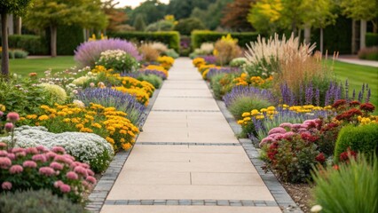 Obraz premium Closeup of diverse flowering plants spilling over the edges of the pathway creating a harmonious blend of nature and accessibility in the renovated garden area.