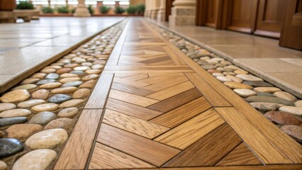 Closeup of flooring materials combining sustainable wood and polished stone intricately laid out to create an inviting pathway through the space.