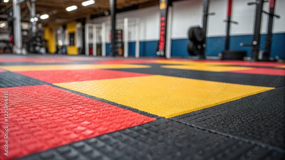 Aufkleber Closeup of rubberized flooring highlighted by a vibrant color scheme emphasizing safety and comfort for users during workouts.