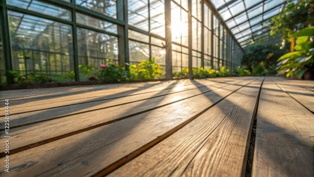 Poster Closeup of sunlight streaming through glass panes creating intricate patterns on the greenhouse floor where planks of wood are laid out for walking paths.