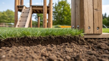 Closeup of soil and grass being carefully leveled around a newly installed play tower made from reclaimed wood emphasizing the integration of natural elements.
