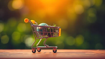 Mini shopping cart with globe and plants symbolizes sustainable consumer choices