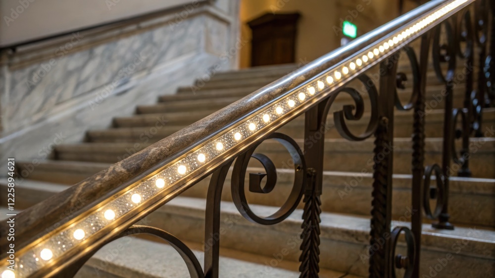 Poster Closeup on a luminous LED strip being affixed to the underside of a finely wrought iron railing with a backdrop of aged marble stairs leading to a grand entrance.