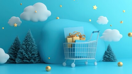 3d minimal cartoon blue coupon voucher with a basket cart for online 3D render