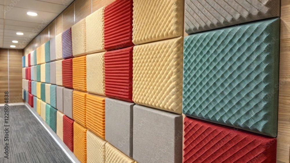 Poster detailed shot of soundproofing panels attached to the walls with textured fabric and attractive colo