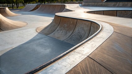 Detailed shot of the skateparks transition area where old surfaces meet new highlighting the precise craftsmanship of the curve designed for optimal flow.