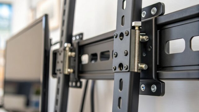 Closeup view of the mounting hardware securing a digital display to a wall emphasizing the craftsmanship and engineering that supports the displays stability.