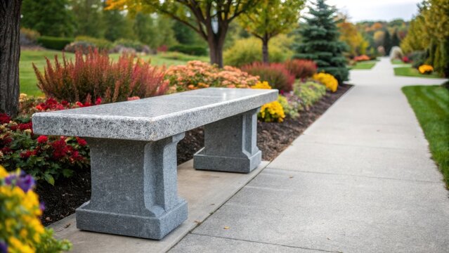 Detail of a granite bench p alongside the pathway accommodating those who need to rest with a soft framing of colorful garden plants around it.
