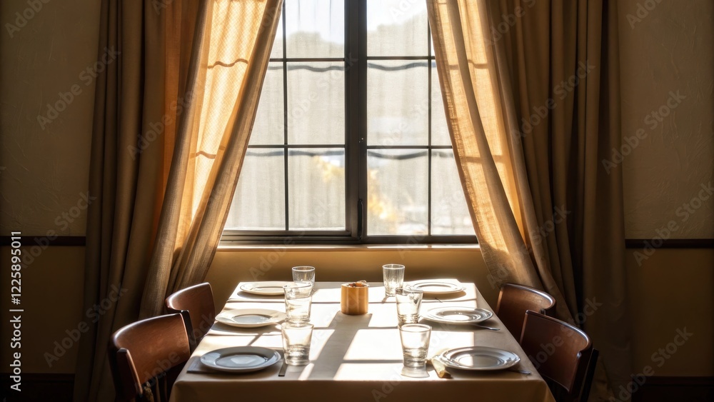 Poster Intimate view of a bright window with curtains allowing natural light to pour into the break room illuminating a neatly arranged table set for group lunches.