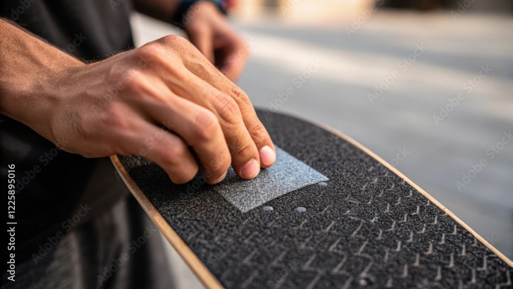 Poster grip tape an upclose view of a hand applying grip tape to a skateboard deck featuring the rugged tex