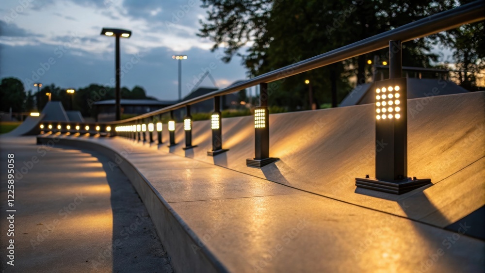 Poster Lighting Features A medium closeup of modern LED lights installed along the skatepark casting a warm glow and creating dynamic shadows enhancing the ambiance for evening skaters.