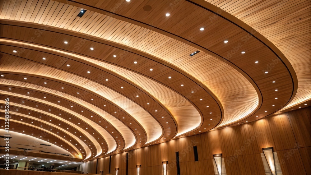Poster medium closeup of a curved wooden ceiling design featuring strategically p acoustic features highlig