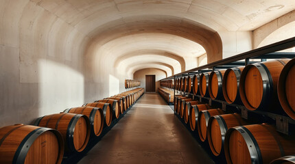 Wine barrels aging in modern concrete cellar of winery or brewery