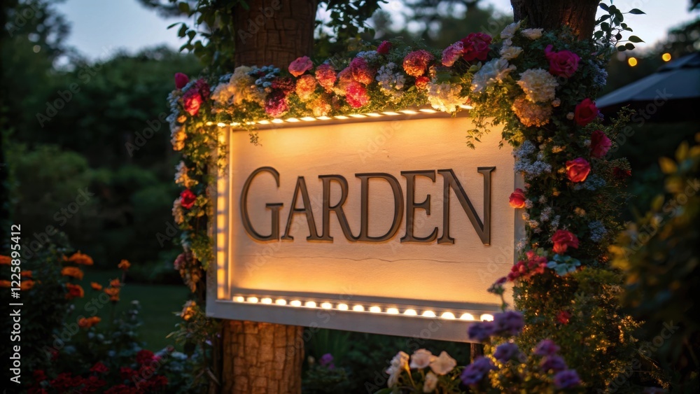 Poster medium closeup of a garden sign at twilight with colorful blooms framing the edges the sign itself g
