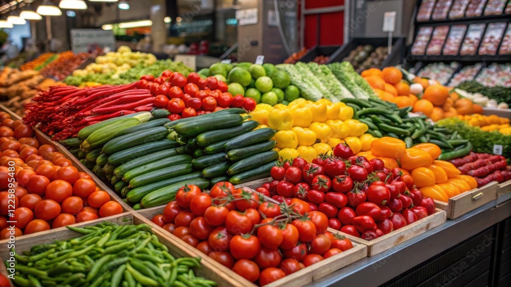 Poster medium closeup of a food vendors stall being stocked with fresh produce focusing on the colorful fru