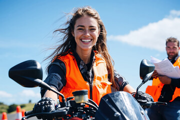 Young woman learning riding motorcycle with instructor on driving course