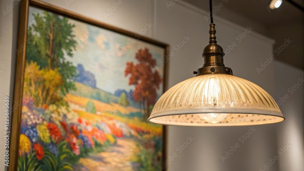Poster medium closeup of a newly installed pendant light illuminating a vibrant painting casting soft shado