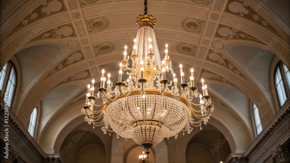 Aufkleber Medium closeup of an elegant chandelier hanging from a high ceiling with crystals catching the light and casting patterns across the welllit space adding historical charm.