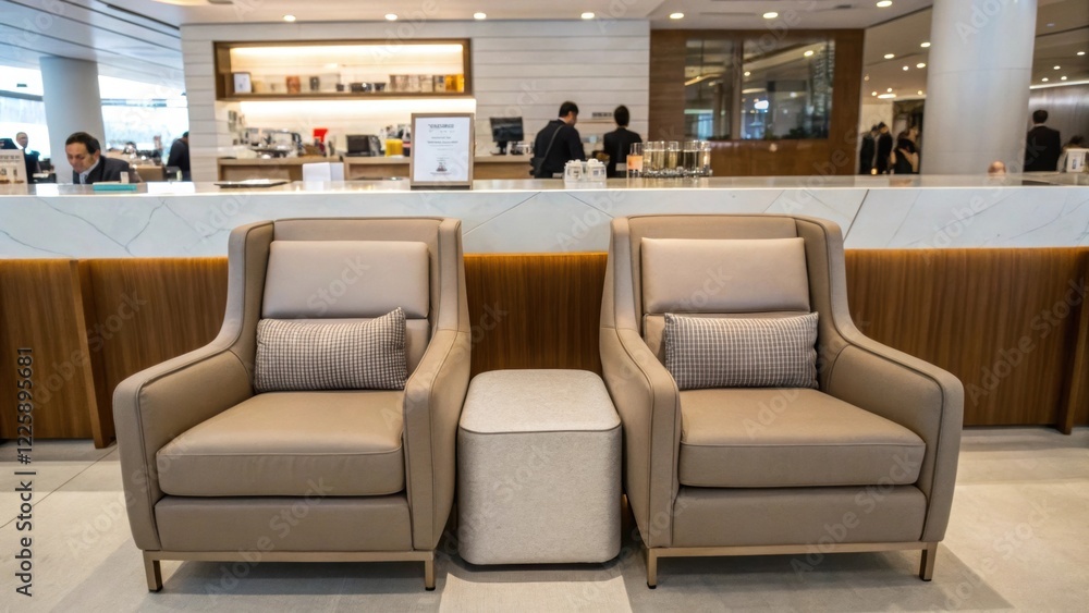 Poster Medium closeup of an ergonomic seating area adjacent to the counter designed with comfort in mind encouraging citizens to wait and interact in a relaxed setting.