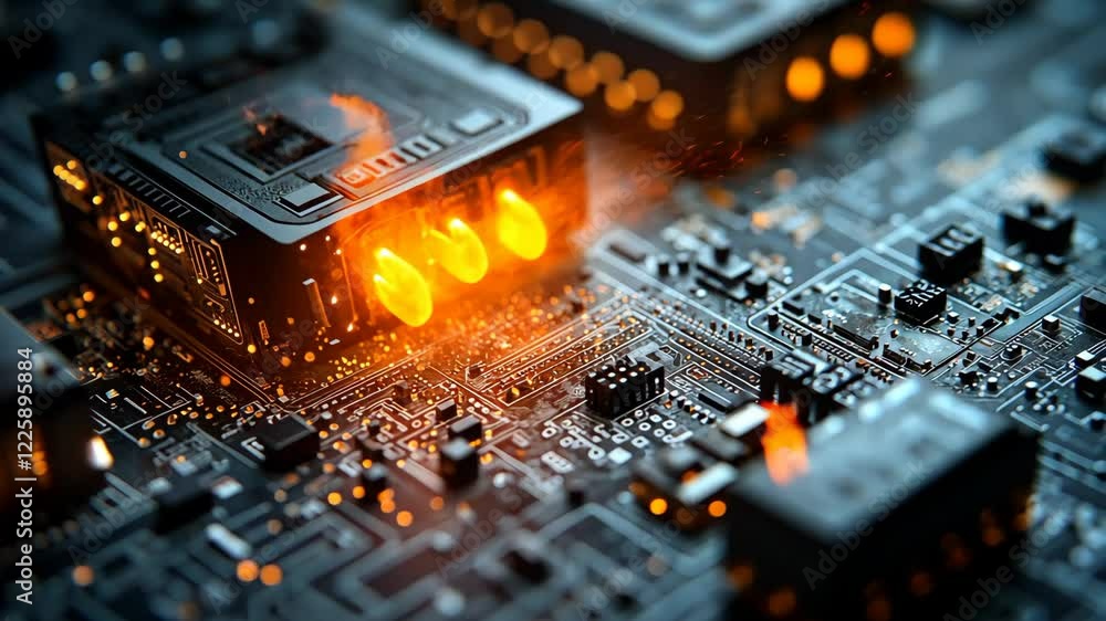 Poster futuristic circuit board with glowing components illuminated in an abstract design