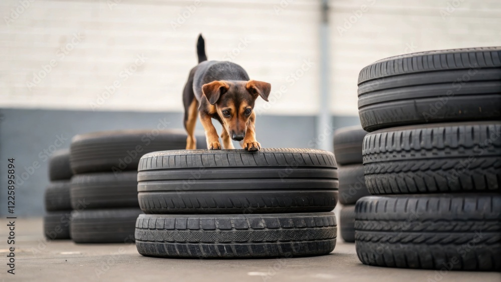 Poster medium closeup of a small breed dog interactively exploring a series of rubber tires stacked at diff