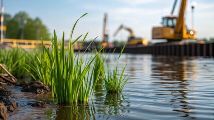 Medium closeup of aquatic plants along the waters edge slightly disturbed by construction activity underscoring the balance between nature and infrastructure.