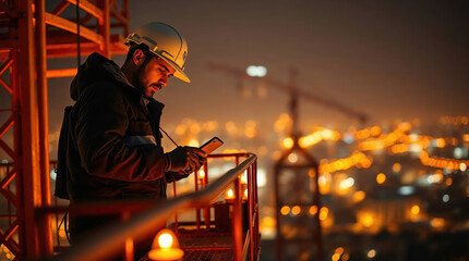Construction worker using smartphone on a crane at night overlooking city lights