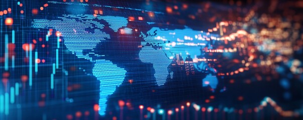 World map is forming from digital data flowing through network