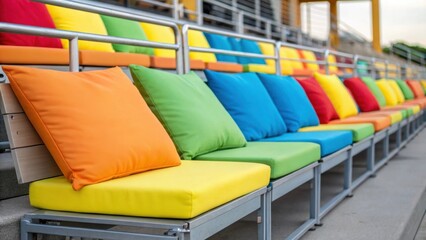 Obraz premium Medium closeup of a vibrant seating area with colorful weatherresistant cushions p on durable metal frames encouraging a welcoming atmosphere.